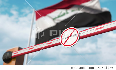 Barrier gate with no immigration sign being closed with flag of Iraq as a background. Iraqi Border closure or immigration ban. 3D rendering 62301776
