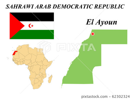 Sahrawi Arab Democratic Republic. Capital of Kampala. Flag of Western Sahara. Map of the continent of Africa with country borders. Vector graphics. Sahrawi Arab Democratic Republic. Capital of Kampala. Flag of Western Sahara. Map of the continent of Africa with country borders. Vector graphics. 62302324