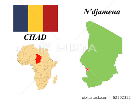Republic of Chad. Capital of Ndjamena. Flag of Chad. Map of the continent of Africa with country borders. Vector graphics. 62302332