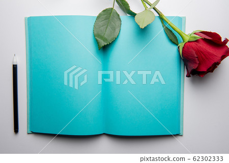 Open notebook, rose on a white background Open notebook, rose on a white background 62302333