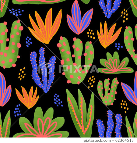 Cactus seamless vector pattern. Cacti in bright colors on black background. Modern nature repeated 62304513