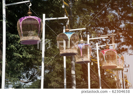 Bird cage hang on a pole in a park.  62304638
