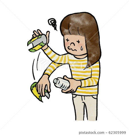 A girl who is in trouble because the film does not separate from her hand due to static electricity A girl who is in trouble because the film does not separate from her hand due to static electricity 62305999