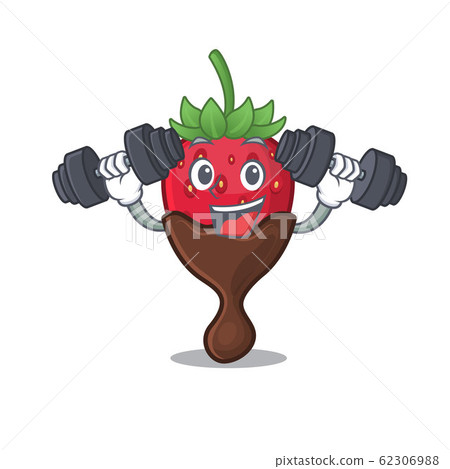Sporty Fitness exercise chocolate strawberry mascot design using barbells Sporty Fitness exercise chocolate strawberry mascot design using barbells 62306988