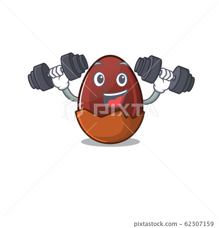 Sporty Fitness exercise chocolate egg mascot design using barbells Sporty Fitness exercise chocolate egg mascot design using barbells 62307159