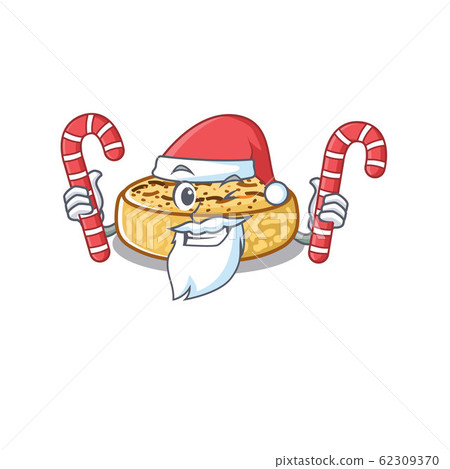 Crumpets Cartoon character wearing Santa costume bringing a candy 62309370