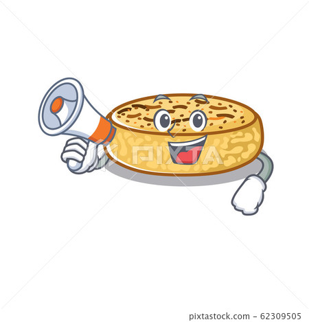 A mascot of crumpets speaking on a megaphone 62309505