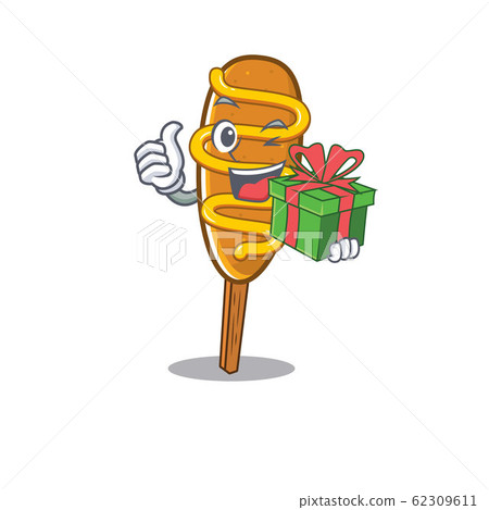 Happy corn dog character having a gift box Happy corn dog character having a gift box 62309611