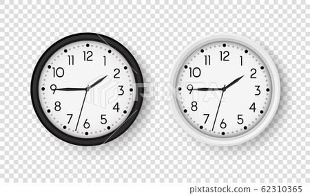 Realistic office clock. Round clocks on wall. Vector black and white watch isolated on transparent background. Realistic office clock. Round clocks on wall. Vector black and white watch isolated on transparent background. 62310365