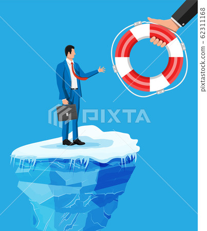Businessman floats on iceberg getting lifebuoy. 62311168