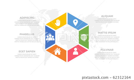 Set of blue, green, red, orange and yellow elements for infographic with world map presentation slides. 62312164