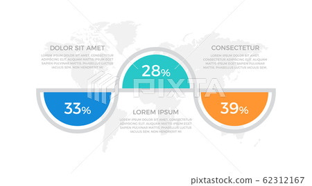 Set of blue, turquoise and orange elements for infographic with world map presentation slides. 62312167