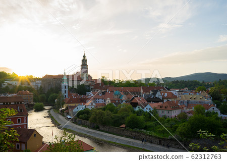 Cesky Krumlov skyline with sunset in Czech 62312763