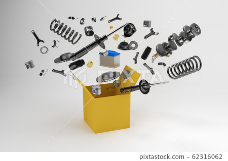 Many spare parts flying out of the box gray background. Isolated auto spare parts on gray background. 3D rendering 62316062