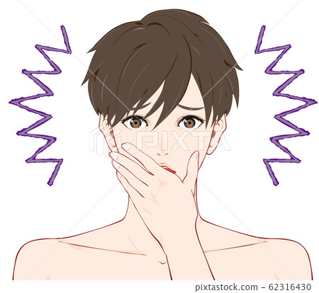 A man with bare skin closing his mouth with his hand 62316430