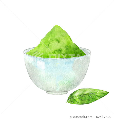 Watercolor illustration with ground matcha powder 62317890