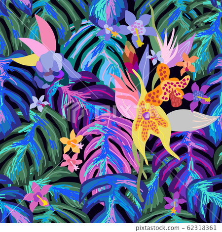 Seamless pattern with flowers and palm leaves. Seamless pattern with flowers and palm leaves. 62318361