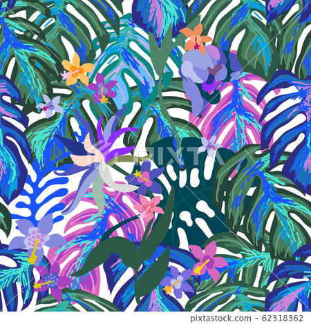 Seamless pattern with flowers and palm leaves. Seamless pattern with flowers and palm leaves. 62318362