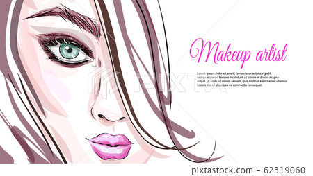 Hand-drawn young beautiful girl with nude makeup and unusual blue hair. Fashion illustration of a stylish look. 62319060