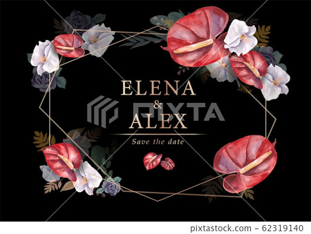 Wedding invitations. Flowers on a black background, design with golden elements. Wedding invitations. Flowers on a black background, design with golden elements. 62319140