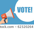 Vote - Male hand holding megaphone. Flat design. 62320264