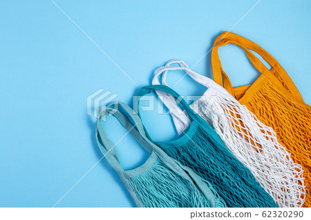 Zero waste concept. Textile eco bags on blue background. 62320290