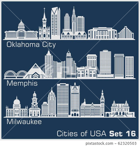 Cities of USA - Oklahoma City, Memphis, Milwaukee. Detailed architecture. Trendy vector illustration. Cities of USA - Oklahoma City, Memphis, Milwaukee. Detailed architecture. Trendy vector illustration. 62320503