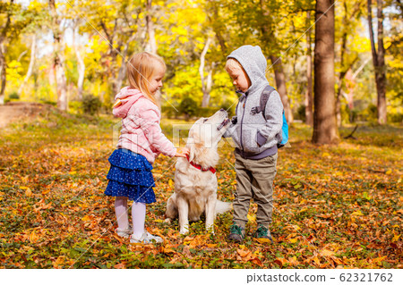 Lovely brother and sister playing with pet dog in autumn forest 62321762