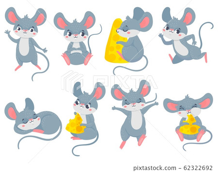 Cartoon mouse. Little cute mouses, funny small rodent pet and mice with cheese vector set