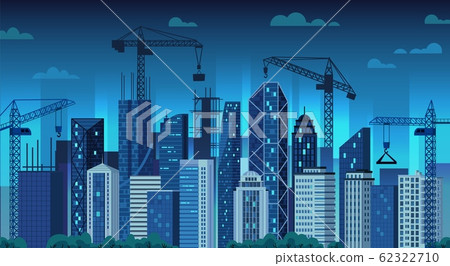 Urban development. Night construction cranes,... - Stock Illustration ...