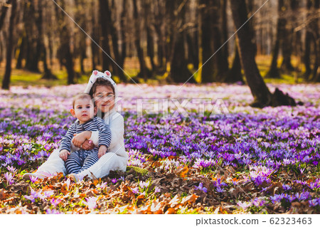 Sister and brother sitting in the middle of crocus valley Sister and brother sitting in the middle of crocus valley 62323463