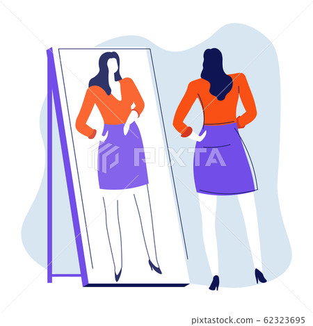 Mirror and woman looking at reflection, isolated female character 62323695
