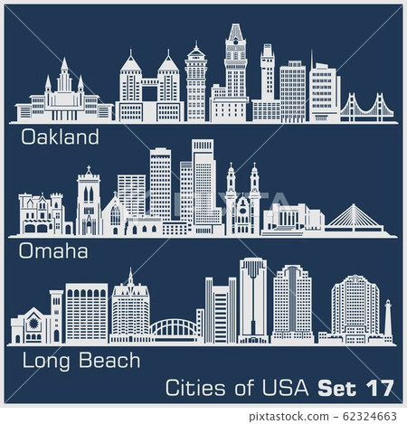 Cities of USA - Oakland, Long Beach, Omaha. Detailed architecture. Trendy vector illustration. Cities of USA - Oakland, Long Beach, Omaha. Detailed architecture. Trendy vector illustration. 62324663