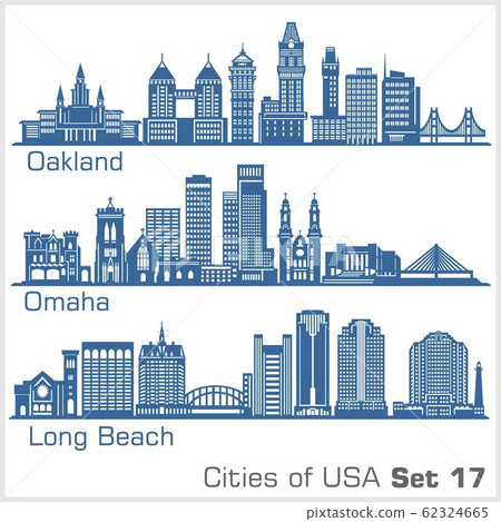 Cities of USA - Oakland, Long Beach, Omaha. Detailed architecture. Trendy vector illustration. Cities of USA - Oakland, Long Beach, Omaha. Detailed architecture. Trendy vector illustration. 62324665