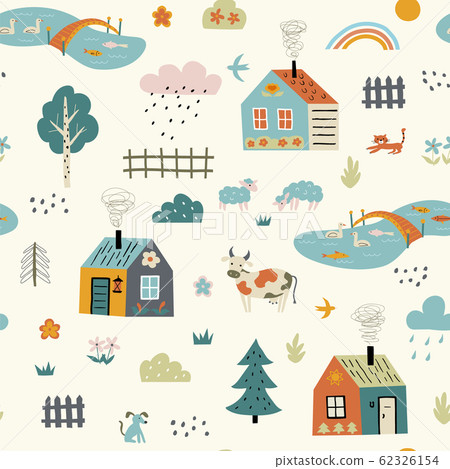 Seamless childish pattern with cute village. Cartoon farm landscape with country houses.  62326154