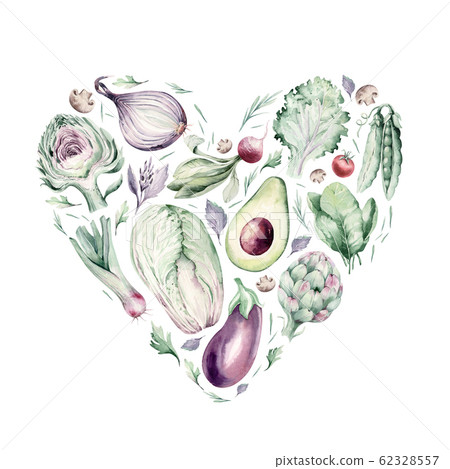 Vegetables healthy green organic set watercolor heart shape artichoke, broccoli, spinach, celery vitamin Cabbage, leek and onion illustration. Isolated lettuce and radish. sketch eggplant mushroom. 62328557