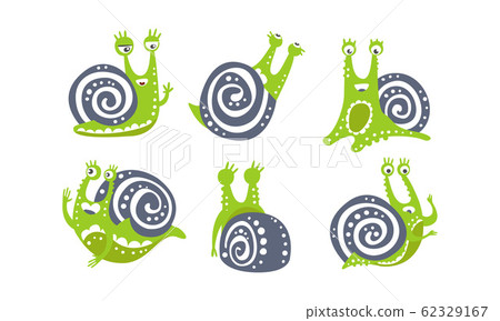 Cute Snail Collection, Funny Mollusk Animal Cartoon Character in Various Poses Vector Illustration 62329167