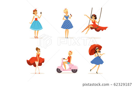 Beautiful Young Women Dressed Retro Style Clothes Collection Vector Illustration 62329187