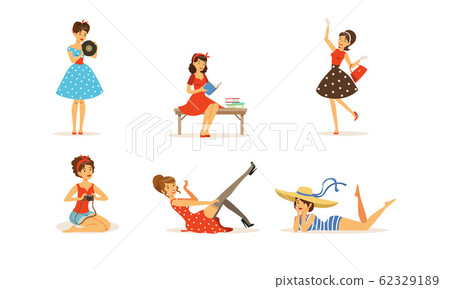 Beautiful Young Women Dressed Retro Style Stylish Fashion Clothes Collection Vector Illustration Beautiful Young Women Dressed Retro Style Stylish Fashion Clothes Collection Vector Illustration 62329189