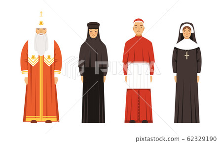 Religion People Characters in Traditional Clothes Collection, Orthodox Patriarch, Catholic Cardinal and Nuns Vector Illustration Religion People Characters in Traditional Clothes Collection, Orthodox Patriarch, Catholic Cardinal and Nuns Vector Illustration 62329190