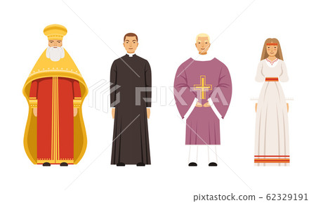 Religion People Characters in Traditional Clothes Collection, Orthodox Metropolitan, Catholic Priest or Pastor, Vicar, Slavic or Pagan Woman Vector Illustration 62329191