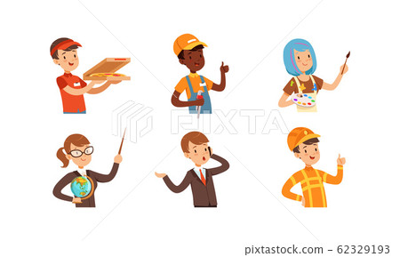 Children of Different Professions Set, Cute Boys and Girls Characters, Pizza Courier, Handyman, Artist, Teacher, Businessman, Fireman Vector Illustration Children of Different Professions Set, Cute Boys and Girls Characters, Pizza Courier, Handyman, Artist, Teacher, Businessman, Fireman Vector Illustration 62329193