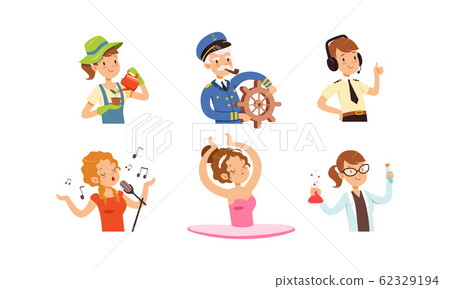 Children of Different Professions Set, Cute Boys and Girls Characters, Gardener, Captain, Air Traffic Controller, Singer, Ballerina, Scientist Vector Illustration Children of Different Professions Set, Cute Boys and Girls Characters, Gardener, Captain, Air Traffic Controller, Singer, Ballerina, Scientist Vector Illustration 62329194