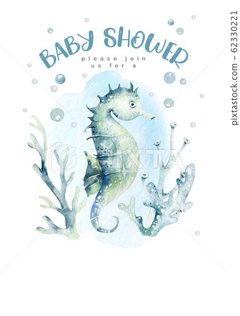 sea animals aquarium baby shower poster. Blue watercolor ocean fish, turtle, whale and coral. Shell aquarium background. Nautical marine illustration sea animals aquarium baby shower poster. Blue watercolor ocean fish, turtle, whale and coral. Shell aquarium background. Nautical marine illustration 62330221