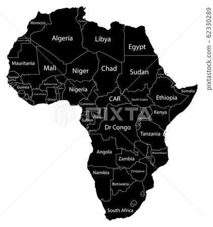 Map of the continent of Africa. Black silhouette on a white background with borders and country names. Equatorial Guinea and Gabon and Botswana and Algeria and South Africa and Egypt. Vector graphics. Map of the continent of Africa. Black silhouette on a white background with borders and country names. Equatorial Guinea and Gabon and Botswana and Algeria and South Africa and Egypt. Vector graphics. 62330289