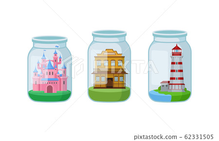 Decorative Houses and Mansions Put in Glass Jars and Bottles Vector Set Decorative Houses and Mansions Put in Glass Jars and Bottles Vector Set 62331505