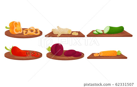 Ripe Juicy Sliced Vegetables on Wooden Cutting Board Vector Set Ripe Juicy Sliced Vegetables on Wooden Cutting Board Vector Set 62331507