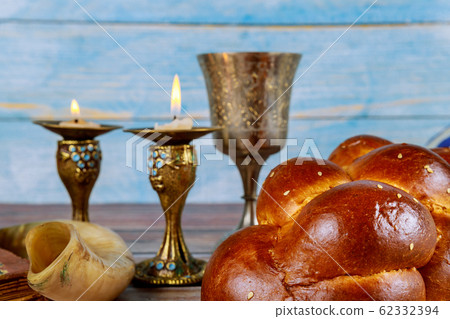 Shalom shabbat eve candles with challah and wine 62332394