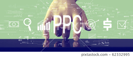 PPC - Pay per click concept with hand pressing a screen 62332995