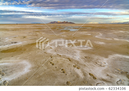 Footprints of a man and dog imprinted on the brown 62334106